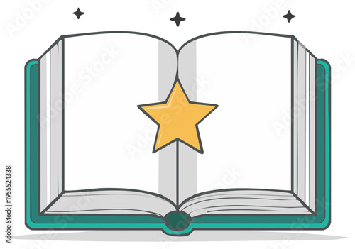 Magical open storybook with a large shining star in the center illustration