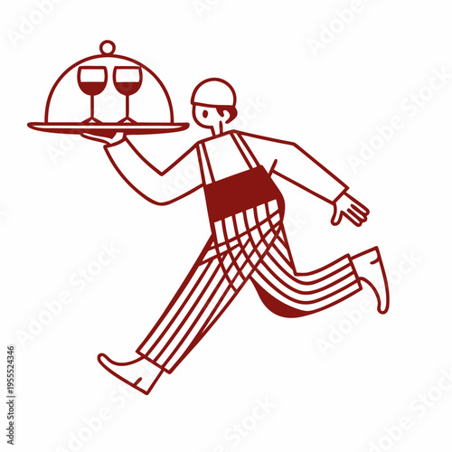 A waiter carrying wine glasses on a silver platter depicted in a linear style