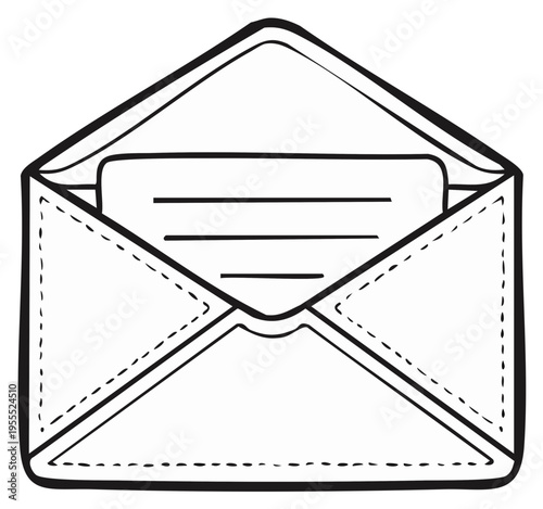 Hand drawn open envelope with a blank letter inside vector line art illustration