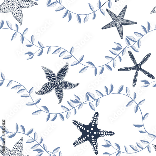  Seamless pattern with starfish and water plant on white background. Abstract marine background. Vector. Perfect for design templates, wallpaper, wrapping, fabric, print and textile. 