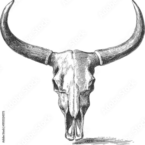 Longhorn bull skull western vintage engraved vector illustration in detailed cowboy sketch style. Perfect for ranch logos, western posters, rustic decor, wild west country branding, and tattoo designs