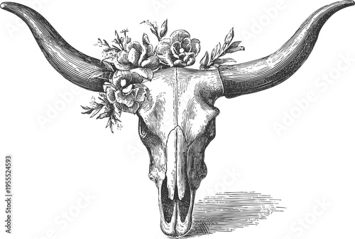 Longhorn skull with flowers icon, vintage engraved ink vector illustration in western boho style. Perfect for rustic logos, tattoo designs, western posters, and country themed branding.