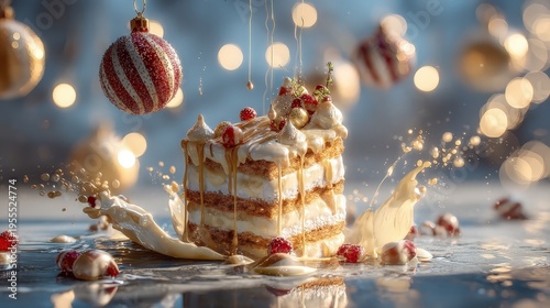 Festive Holiday Honey Cake with Cream Splash and Christmas Ornaments