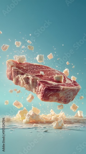 Fresh Raw Beef Steak Levitation with Butter on Teal Background