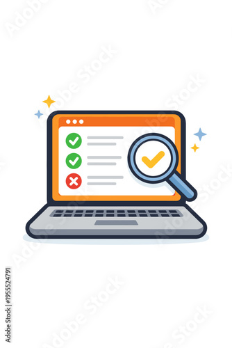 Laptop with Checklist and Magnifying Glass – Online Verification and Quality Control Vector Illustration