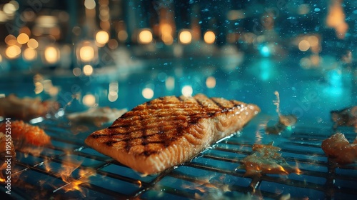 Grilled Salmon Fillet with Cinematic Lighting on Grill