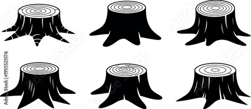 Minimalist black tree stump icons with visible growth rings, representing nature, environmental awareness, wood, and forest concepts, vector illustration