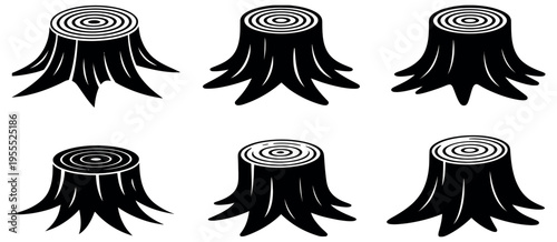 Tree stump vector icons in minimalist black silhouette style showing growth rings, symbolizing nature, forestry, wood, and ecological design, clean vector illustration