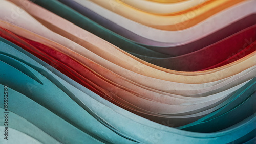 A mesmerizing close-up of vibrant, flowing layered textures creating a beautiful abstract wave pattern with a rich spectrum of colors, ideal for modern design backgrounds