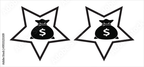 Black and white star shaped logo with money bags and crowns