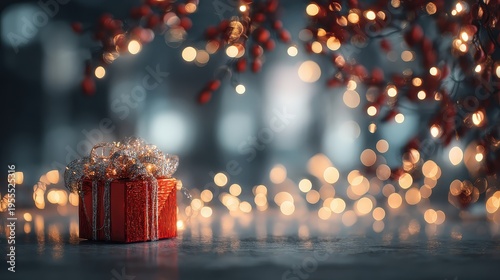 Romantic Valentine's Day Red Gift Box with Sparkly Bokeh Lights