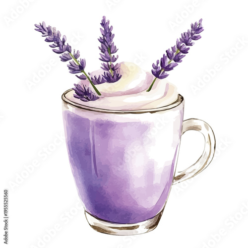 Lavender Latte, watercolor painting with colorful accents, isolated on a white background.