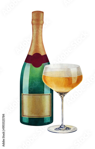 Obraz na plátně Bottle of champagne, wineglass with white wine
