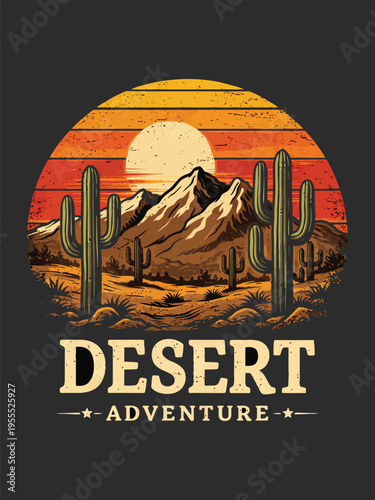 Vibrant desert landscape with cacti and mountains at sunset