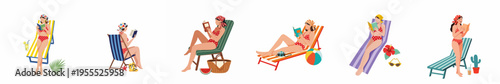 Collection of women in polka dot bikinis relaxing on beach chairs and reading books, vintage summer holiday concept illustration on white background.