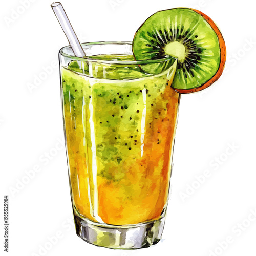 Kiwi Mango Juice, watercolor illustration featuring soft shadows and luminous, isolated on a white background.