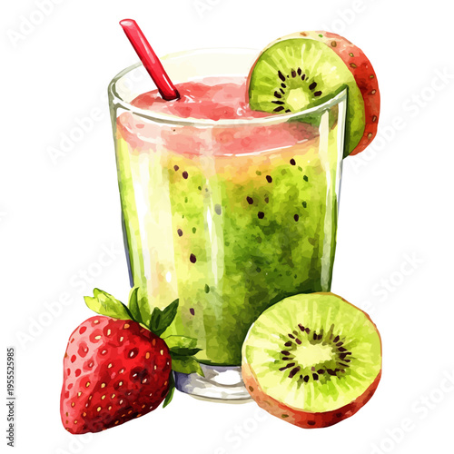 Kiwi Strawberry Juice, watercolor illustration featuring soft shadows and luminous, isolated on a white background.