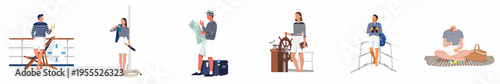 Set of flat vector characters in nautical striped outfits enjoying various maritime activities like sailing, navigating, and relaxing on a ship deck.
