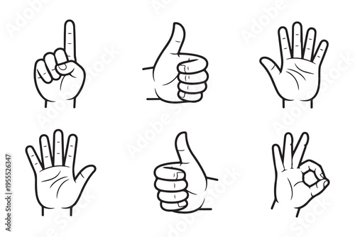 Outline hand gestures showing numbers counting agreement and perfection for success and approval