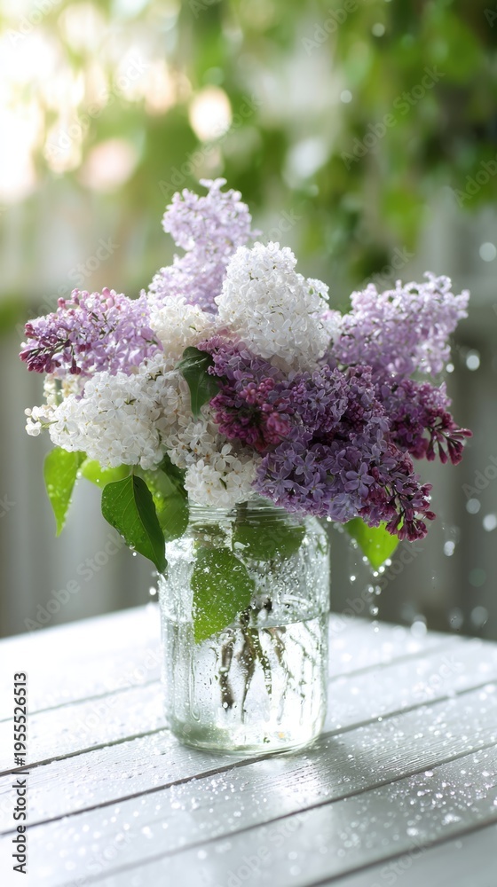 Obraz premium Soft purple lilac bouquet in clear glass jar on wooden table with natural light