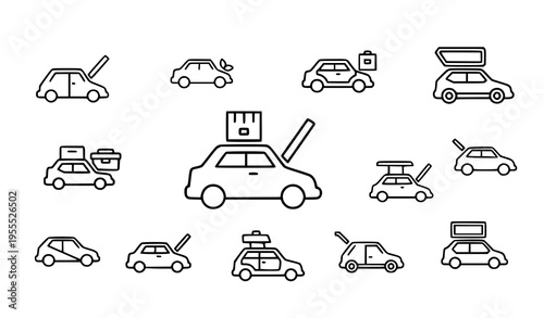 Quadro su tela Car with open boot line icons set modern vehicle trunk storage symbols linear ve