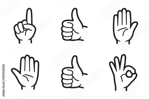 Outline hand gestures showing numbers counting agreement and perfection for success and approval