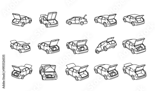 Car open trunk outline icons collection vehicle boot storage transport symbols thin line vector