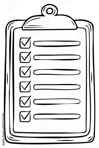 Hand drawn clipboard with a completed checklist doodle illustration for tasks and projects