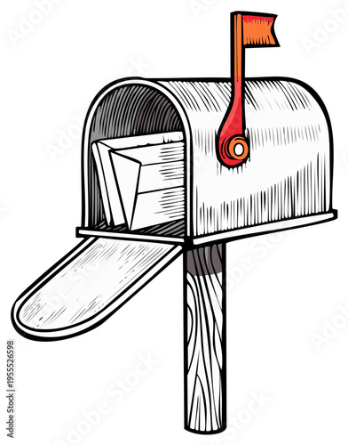 Rural mailbox filled with letters illustration in retro line art style