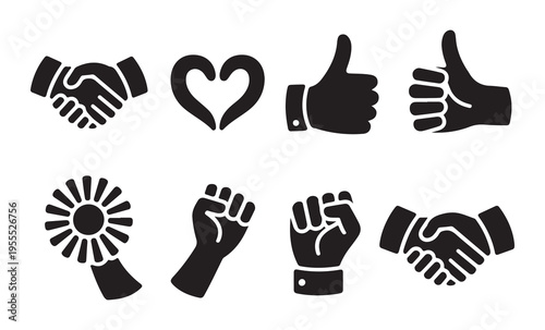 Minimalist hand gesture icon set including heart shape thumbs up and fist symbols for digital communication