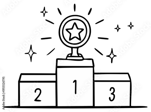 Doodle-style first-place trophy on a winner's podium with numbers 1, 2, and 3, surrounded by shining stars.
