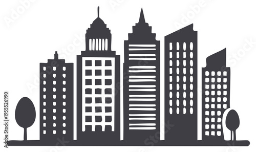 Silhouette cityscape with diverse modern and classic buildings and trees