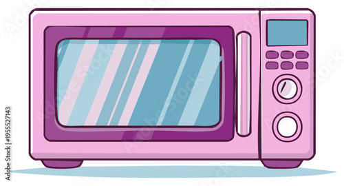 Pink and purple cartoon microwave oven with a reflective glass door and control panel