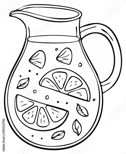 Lemonade pitcher illustration with fruit slices and mint leaves in black and white outline drawing