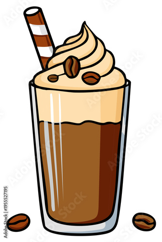 Cartoon iced coffee drink illustration with whipped cream coffee beans and wafer stick in a glass
