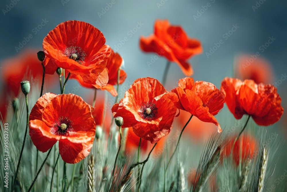Fototapeta premium Vibrant orange poppies in soft focus field under overcast sky