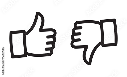 Thumb up and thumb down line art icons set isolated on a white background, like and dislike symbols