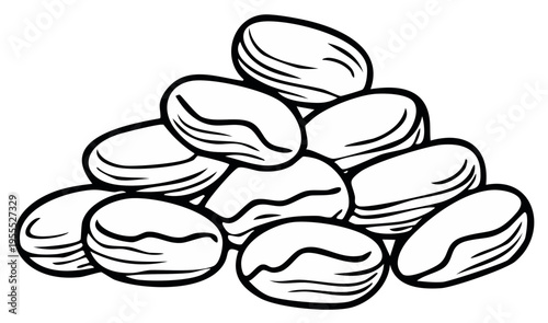 Pile of stylized, hand-drawn cacao beans, in black and white, illustration