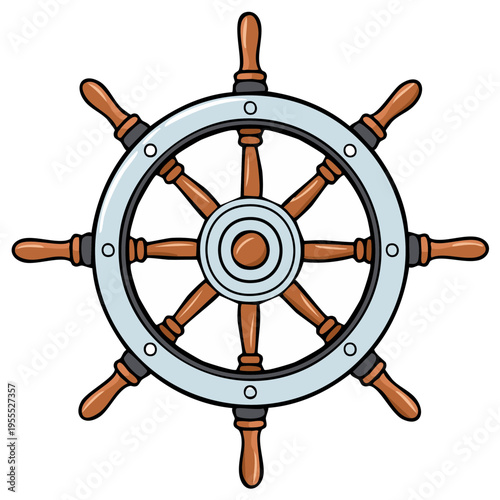 Vibrant cartoon illustration of a traditional ship steering wheel or boat helm for navigation