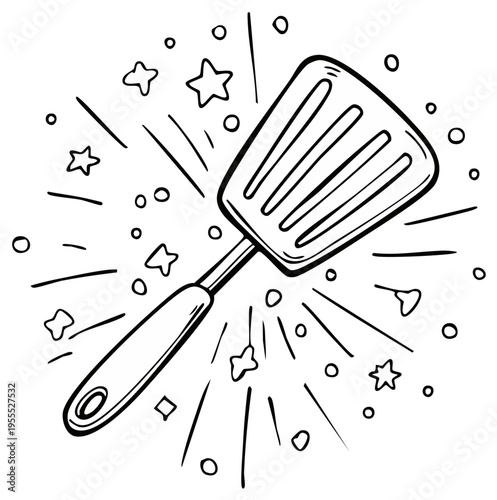 Hand drawn doodle of a spatula radiating with celebratory sparkles and stars representing cooking success and culinary delight