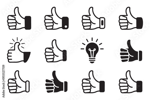 Various thumbs up icons and one light bulb icon in black and white on white background vector