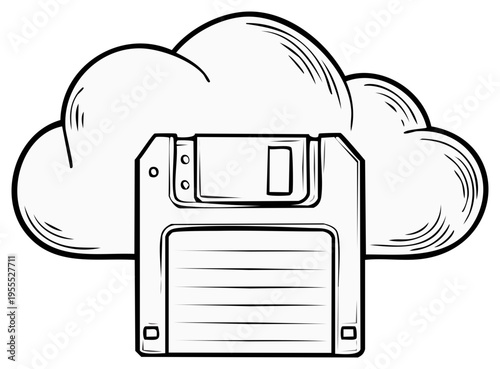 Retro floppy diskette connecting to modern cloud computing storage technology icon