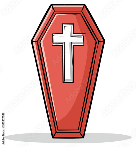 Red Coffin with White Cross Symbol of Death Funeral Burial and Religious Beliefs
