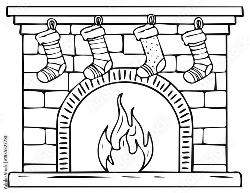 Hand-drawn Christmas Fireplace with Hanging Stockings Illustration for Festive Decor, Coloring Book Page, Winter Holiday Graphic