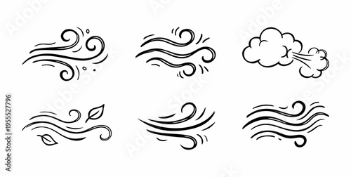 Wind blowing illustration set vector. Airflow doodle icon. Hand drawing breeze motion.	