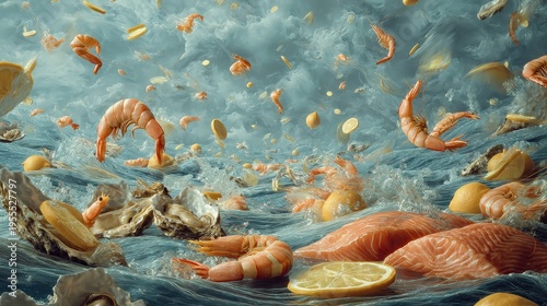 Abstract Fresh Seafood Splash with Shrimp Salmon and Lemon Slices