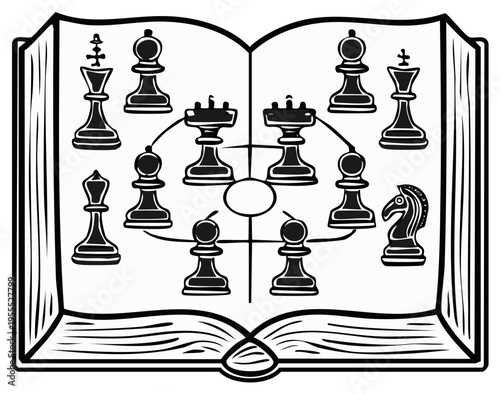 Open book displaying chess pieces and strategy diagram with pawns and a knight