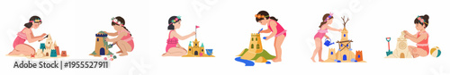 Set of little girls in pink swimsuits building various sandcastles, creative summer beach activities for children, isolated on white background.
