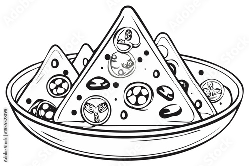 Hand-drawn illustration of crispy tortilla chips generously topped with fresh salsa and ingredients in a bowl