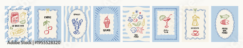 Italian summer vacation prints in sea blue colors. Amalfi coast poster wall art. Coastal Italy poster set. Vintage vector food illustrations. Naive sardines, lobster, seafood icons doodle sketches